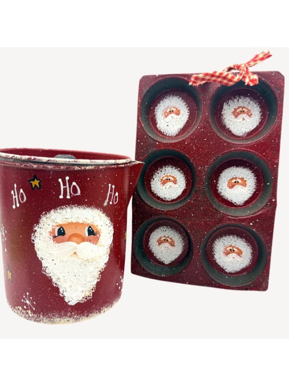 Rustic Christmas Kitchen Decor Set Red Santa Coffee Pot Muffin Tin Cottagecore